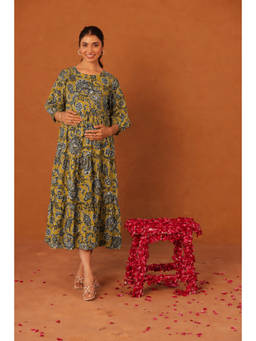 Ikk Kudi By Seerat - Mustard Baroque Bloom Maternity and Nursing Tier Dress