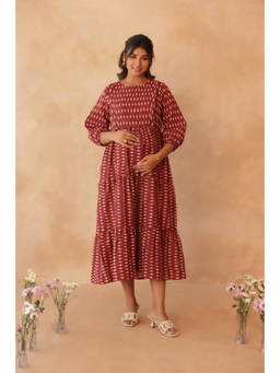 Ikk Kudi By Seerat - Crimson Ikkat Trail Maternity and Nursing Tier Dress