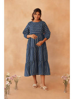 Ikk Kudi By Seerat - Indigo Ikkat Trail Maternity and Nursing Tier Dress