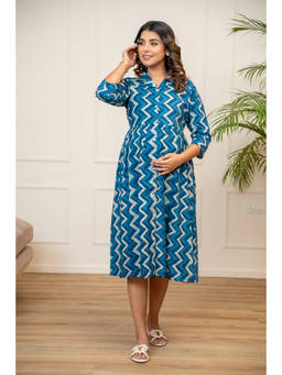 Ikk Kudi By Seerat - Indigo Ripple Buttoned Cotton Maternity and Nursing Dress