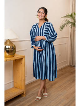 Ikk Kudi By Seerat - Azure Tide Stripeplay Maternity and Nursing Dress
