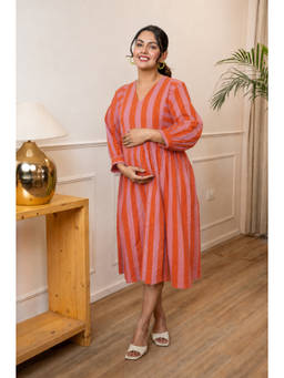 Ikk Kudi By Seerat - Coral Blush Stripeplay Maternity and Nursing Dress