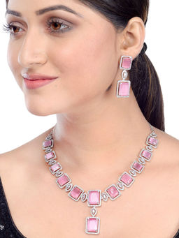 Saraf RS Jewellery - Big Rose Quartz Studded Handcrafted Necklace with Earrings (Set of 2)