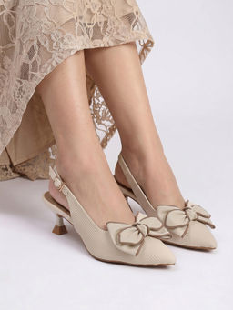 Dollphin - Women Cream Bow Detail Slingback Spool Heels DRN-34