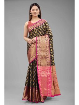 Silk Land - Banarasi Silk Woven Saree with Unstiched Blouse Piece Black with Unstitched