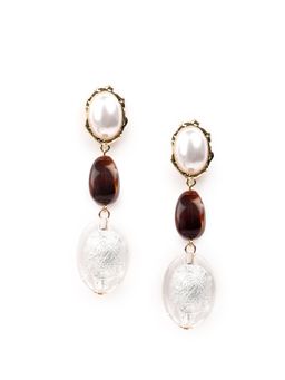 Odette - White and Brown Silver Beaded Drop Earrings