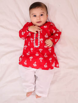 KID1 - Red Floral Tiny Threads Kurta & Pyjama