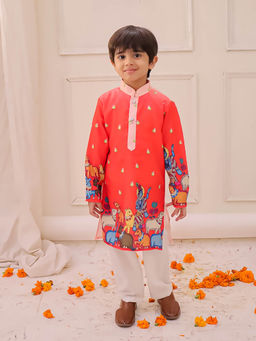 KID1 - Orange Rama Printed Kurta & Pyjama