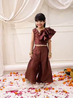KID1 - Brown Pearl Ruffle Top with Palazzo