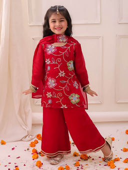 KID1 - Red Blossom Kurti & Palazzo with Dupatta