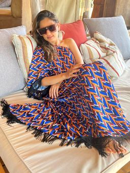 First Resort by Ramola Bachchan - Blue & Mustard One Shoulder Geometric Print Dress (Set of 2)