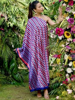 First Resort by Ramola Bachchan - Coral Pink & Blue One Shoulder Geometric Print Dress (Set of 2)