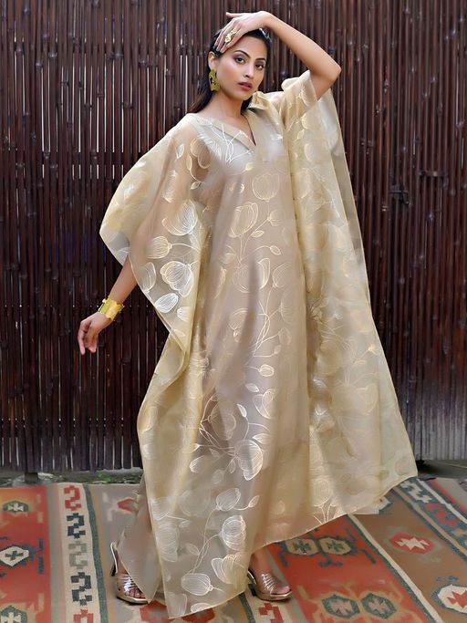 organza kaftan dress Buy First Resort by Ramola Bachchan Gold Floral Embossed Organza Kaftan  Dress with Satin Slip (Set of 2) Online
