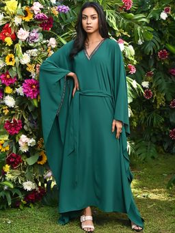 First Resort by Ramola Bachchan - Pine Green Embroidered Neckline Kaftan Dress with Belt (Set of 2)