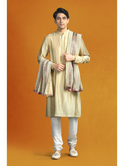 CHAR CHAAND - Floral Beige Floral Kurta with Churidar and Sherwani with Dupatta (Set of 4)