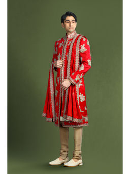 CHAR CHAAND - Regal Red Aari Embroidery Kurta with Churidar and Sherwani with Dupatta (Set of 4)