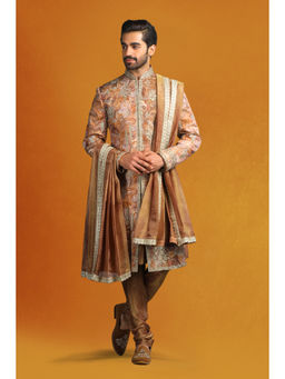 CHAR CHAAND - Copper Floral Kurta with Churidar and Sherwani with Dupatta (Set of 4)