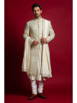 CHAR CHAAND - Ivory Luxe Embroidery Kurta with Churidar and Sherwani with Dupatta (Set of 4)