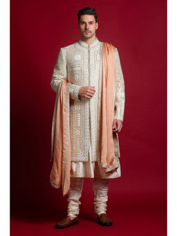 CHAR CHAAND - Luxurious Cream Dori Kurta with Churidar and Sherwani with Dupatta (Set of 4)