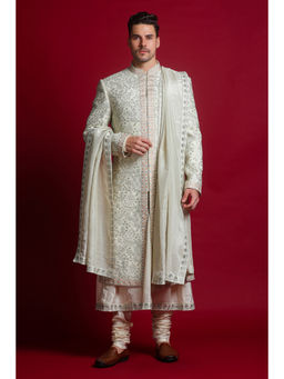 CHAR CHAAND - Ivory Floral Kurta with Churidar and Sherwani with Dupatta (Set of 4)