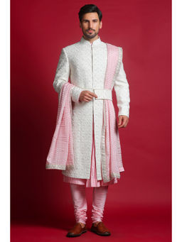 CHAR CHAAND - Cream Embroidered Kurta with Churidar and Sherwani with Dupatta and Belt (Set of 5)