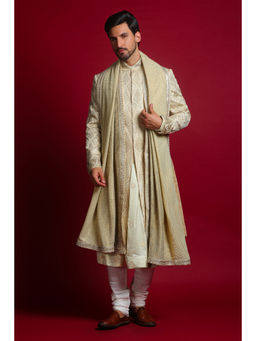 CHAR CHAAND - Cream Gota Embroidery Kurta with Churidar & Sherwani with Dupatta (Set of 4)