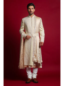 CHAR CHAAND - Classic Cream Kurta with Churidar and Sherwani with Dupatta and Belt (Set of 5)