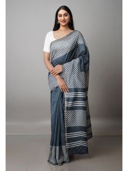 Unnati Silks - Slate Grey Pure Block Printed Chanderi Sico Saree with Unstitched Blouse