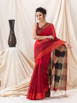 Angoshobha - Traditional Red Cotton Blended Handloom Saree with Unstitched Blouse