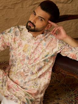 ETHNIC BAY - Men Off White Viscose Rayon Floral Printed Straight Kurta with Pyjama