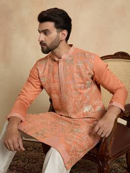 ETHNIC BAY - Men Peach Viscose Rayon Embroidered Straight Kurta and Trouser