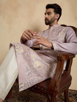 ETHNIC BAY - Men Lavender Silk Blend Embroidered Straight Kurta