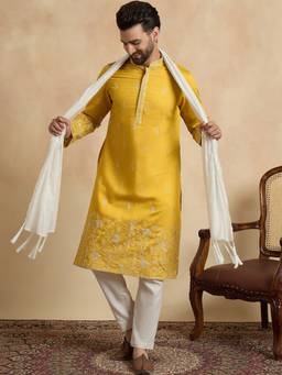 ETHNIC BAY - Yellow Floral Regular Kurta with Pant and Dupatta