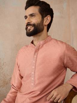 ETHNIC BAY - Peach Silk Blend Mandarin Neck Embroidered Kurta with Pant