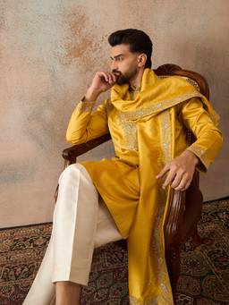 ETHNIC BAY - Yellow Silk Blend Mandarin Neck Embroidered Kurta With Pant & Dupatta