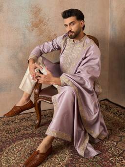 ETHNIC BAY - Lavender Silk Blend Mandarin Neck Embroidered Kurta With Pant & Dupatta