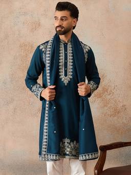 ETHNIC BAY - Blue Silk Blend Mandarin Neck Thread Work Kurta With Pant & Dupatta