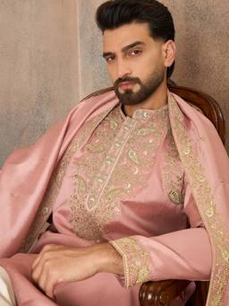 ETHNIC BAY - Pink Silk Blend Mandarin Neck Embroidered Kurta With Dupatta