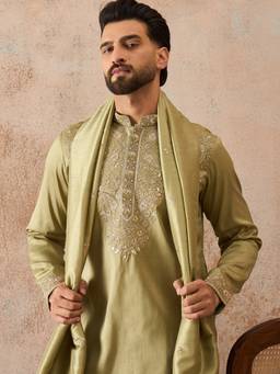 ETHNIC BAY - Green Silk Blend Mandarin Neck Embroidered Kurta With Dupatta