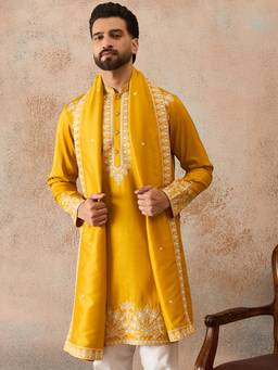 ETHNIC BAY - Yellow Silk Blend Mandarin Neck Embroidered Kurta With Dupatta