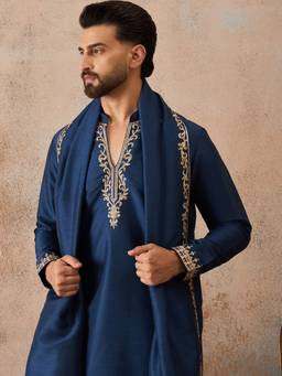 ETHNIC BAY - Blue Silk Blend Mandarin Neck Embroidered Kurta With Dupatta