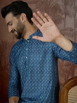 ETHNIC BAY - Mens Blue Linen Floral Print Regular Kurta with Trouser