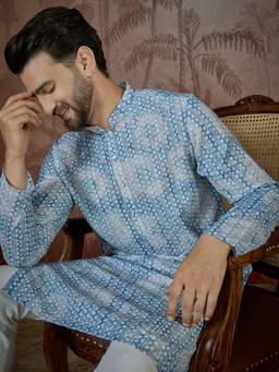 ETHNIC BAY - Mens Blue Linen Printed Regular Kurta with Trouser