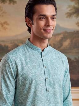 ETHNIC BAY - Mens Blue Linen Printed Regular Kurta with Trouser