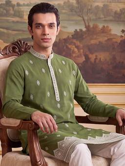 ETHNIC BAY - Mens Green Silk Blend Embroidered Kurta with Trouser