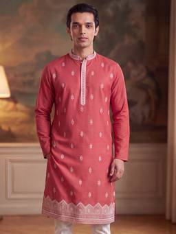 ETHNIC BAY - Mens Peach Silk Blend Embroidered Kurta with Trouser