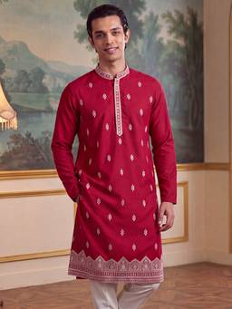 ETHNIC BAY - Mens Red Silk Blend Embroidered Kurta with Trouser