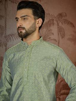 ETHNIC BAY - Mens Green Jacquard Embroidered Kurta with Trouser