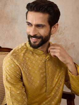 ETHNIC BAY - Mens Yellow Jacquard Embroidered Kurta with Trouser