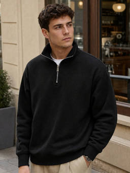 Nobero - Men Relaxed Fit Mock Neck Solid Sweatshirt - Black